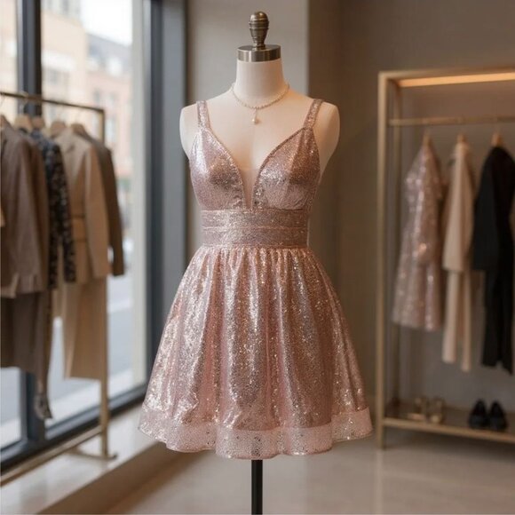 Radiant Night Mauve Sequin Dress Deep V‑Neck Illusion Panel Adjustable Straps S - Picture 2 of 5